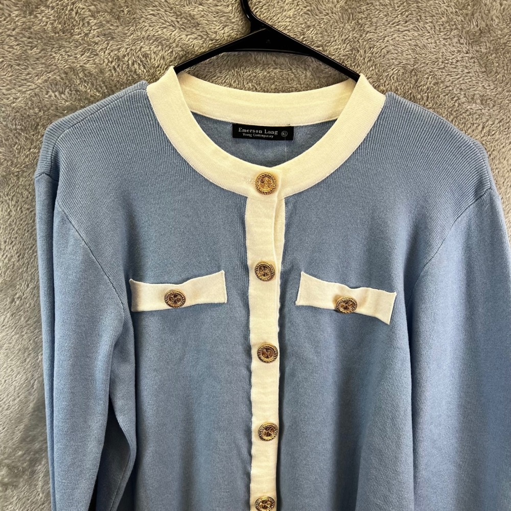 Emerson Lang Blue White L Contrast‎ Trim Button Front Cardigan Coquette Preppy